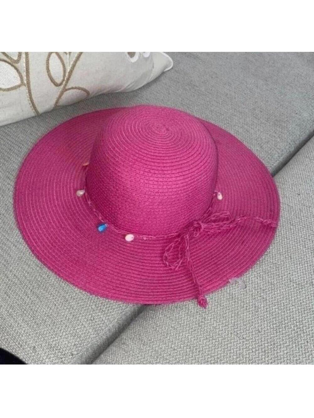 Pink Beachy Straw Floppy Hat Coastal Grandma Spring Beaded